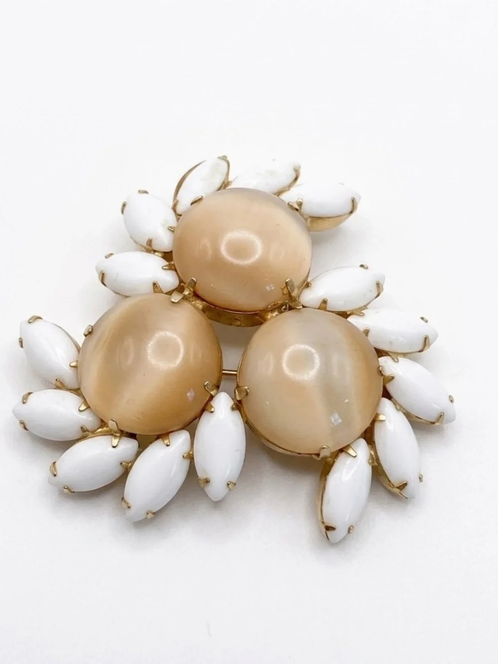 MCM Moonglow & Milk Glass Brooch Champagne Lucite Cabochon Statement 50’s Retro